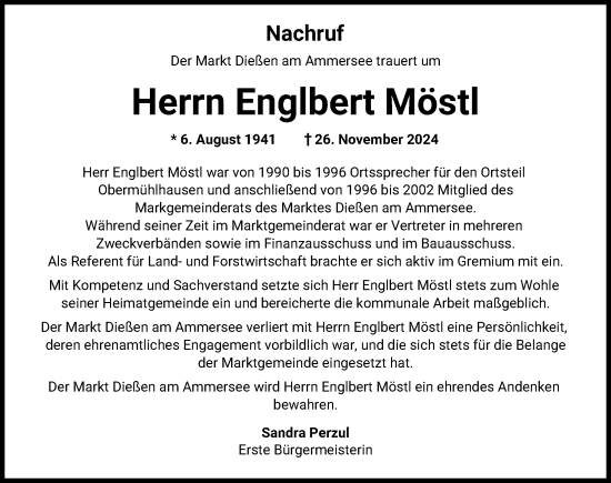 Traueranzeige von Englbert Möstl von Ammersee Kurier