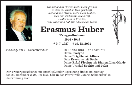 Traueranzeige von Erasmus Huber von Landsberger Tagblatt