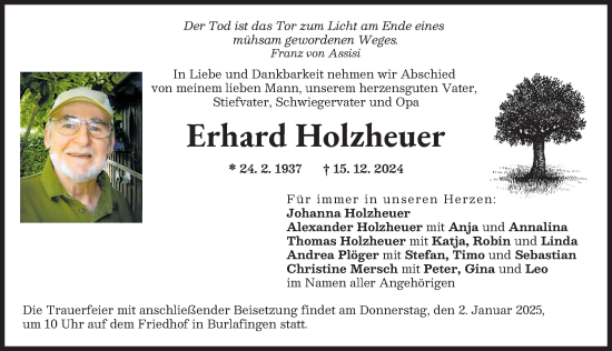 Traueranzeige von Erhard Holzheuer von Neu-Ulmer Zeitung