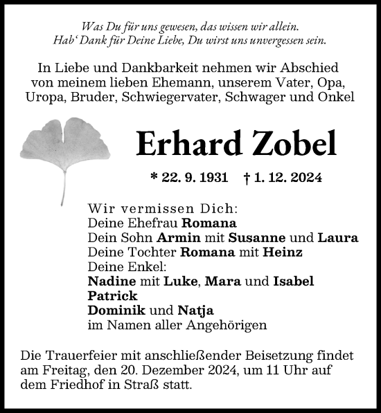 Traueranzeige von Erhard Zobel von Neu-Ulmer Zeitung