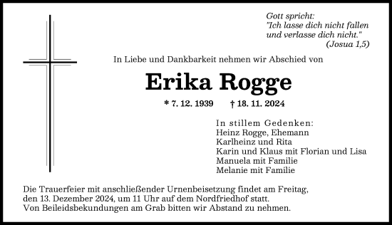 Traueranzeige von Erika Rogge von Augsburger Allgemeine