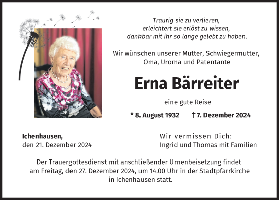Traueranzeige von Erna Bärreiter von Günzburger Zeitung