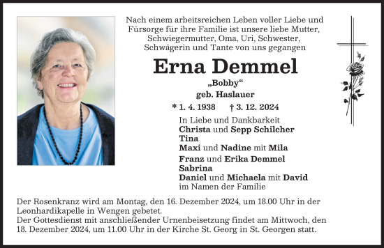 Traueranzeige von Erna Demmel von Ammersee Kurier
