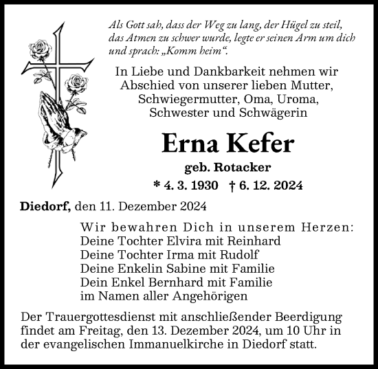Traueranzeige von Erna Kefer von Augsburg-Land