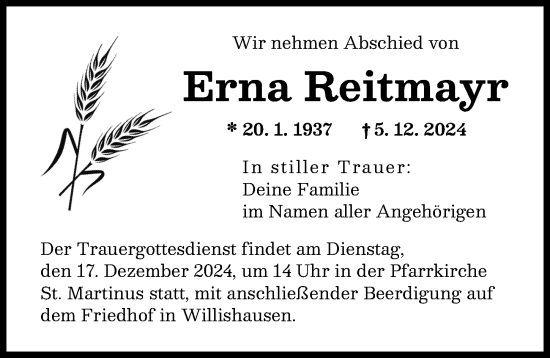 Traueranzeige von Erna Reitmayr von Augsburg-Land
