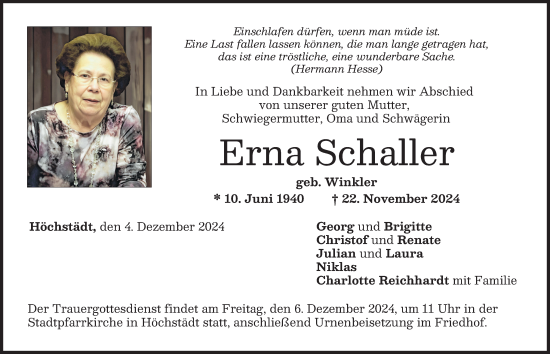 Traueranzeige von Erna Schaller von Donau Zeitung