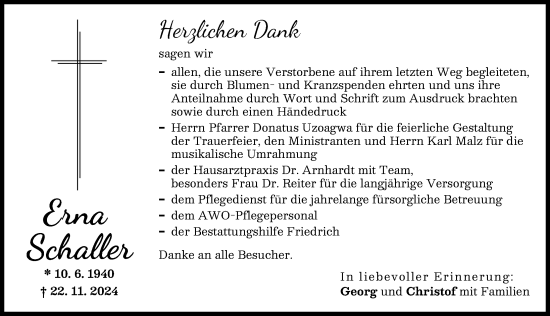 Traueranzeige von Erna Schaller von Donau Zeitung