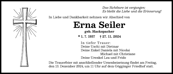 Traueranzeige von Erna Seiler von Augsburger Allgemeine