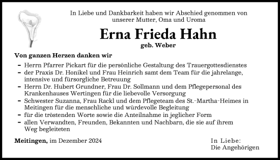 Traueranzeige von Erna Frieda Hahn von Augsburg-Land