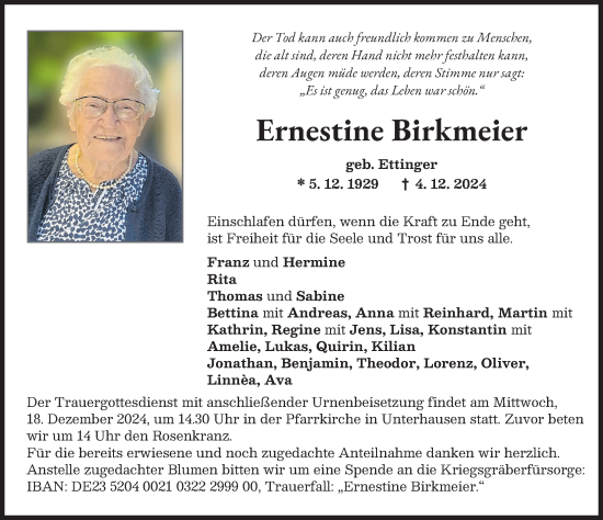 Traueranzeige von Ernestine Birkmeier von Neuburger Rundschau