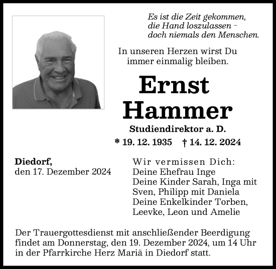 Traueranzeige von Ernst Hammer von Augsburger Allgemeine