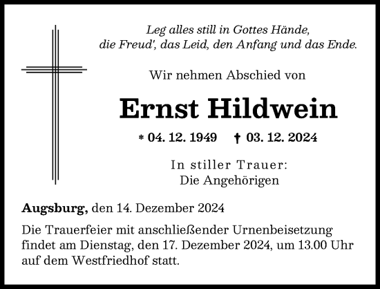 Traueranzeige von Ernst Hildwein von Augsburger Allgemeine