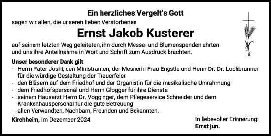 Traueranzeige von Ernst Jakob Kusterer von Mindelheimer Zeitung