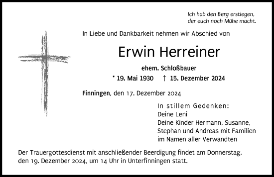 Traueranzeige von Erwin Herreiner von Donau Zeitung