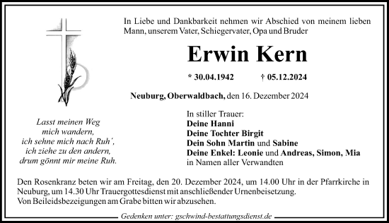 Traueranzeige von Erwin Kern von Mittelschwäbische Nachrichten, Günzburger Zeitung