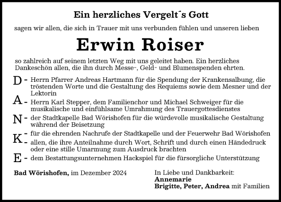 Traueranzeige von Erwin Roiser von Mindelheimer Zeitung