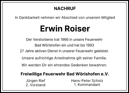 Traueranzeige von Erwin Roiser von Mindelheimer Zeitung