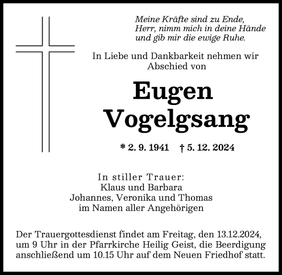 Traueranzeige von Eugen Vogelgsang von Augsburger Allgemeine