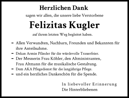 Traueranzeige von Felizitas Kugler von Schwabmünchner Allgemeine