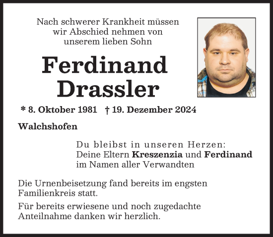 Traueranzeige von Ferdinand Drassler von Aichacher Nachrichten