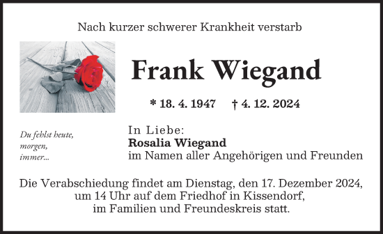 Traueranzeige von Frank Wiegand von Günzburger Zeitung