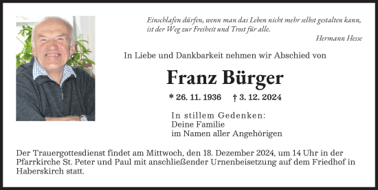 Traueranzeige von Franz Bürger von Augsburger Allgemeine