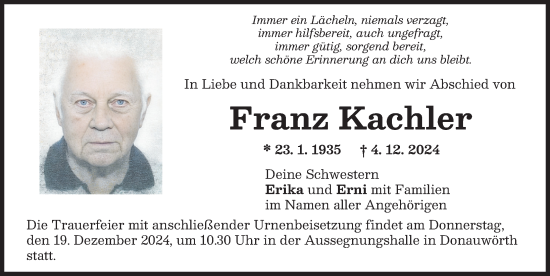 Traueranzeige von Franz Kachler von Donauwörther Zeitung