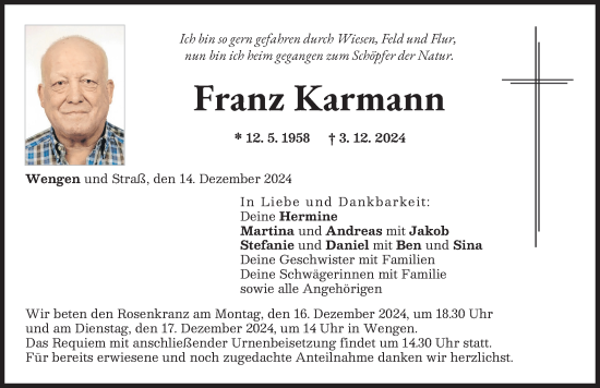 Traueranzeige von Franz Karmann von Neuburger Rundschau