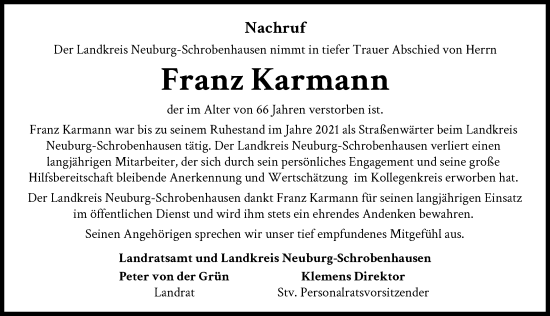 Traueranzeige von Franz Karmann von Neuburger Rundschau