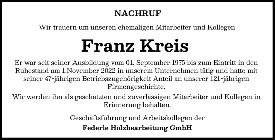 Traueranzeige von Franz Kreis von Donau Zeitung