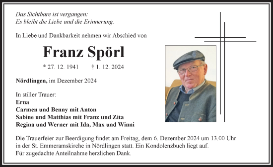 Traueranzeige von Franz Spörl von Rieser Nachrichten
