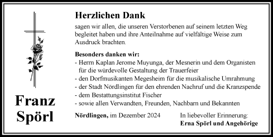 Traueranzeige von Franz Spörl von Rieser Nachrichten