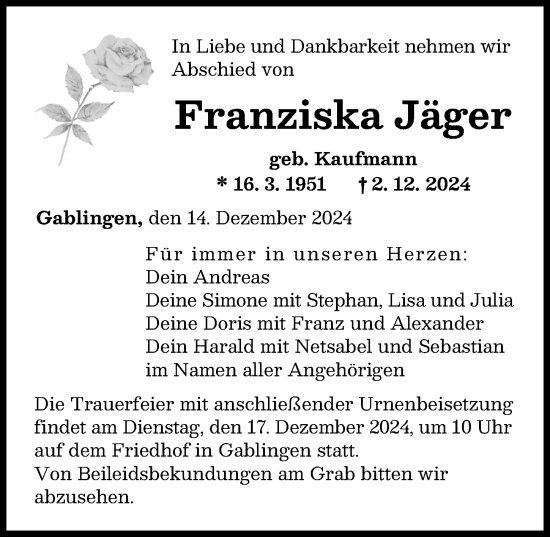 Traueranzeige von Franziska Jäger von Augsburger Allgemeine