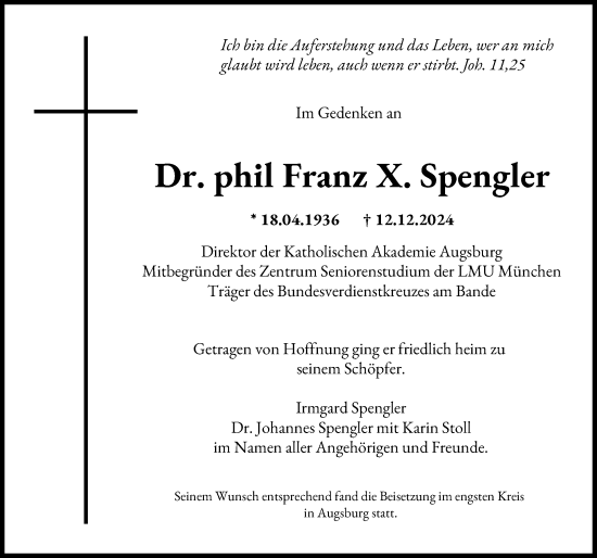 Traueranzeige von Franz X. Spengler von Augsburger Allgemeine