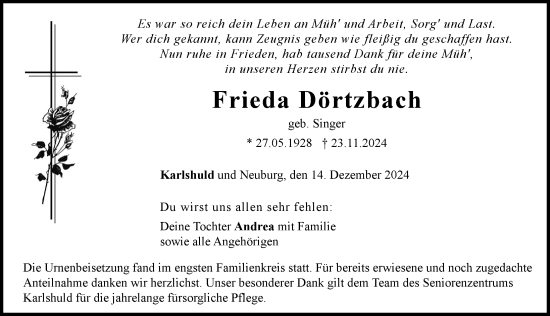 Traueranzeige von Frieda Dörtzbach von Neuburger Rundschau