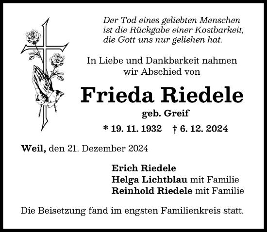 Traueranzeige von Frieda Riedele von Landsberger Tagblatt