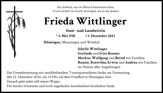 Traueranzeige von Frieda Wittlinger von Rieser Nachrichten