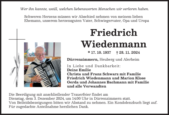 Traueranzeige von Friedrich Wiedenmann von Rieser Nachrichten