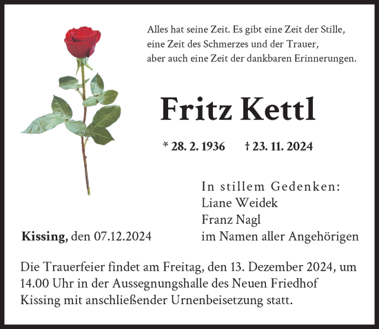 Traueranzeige von Fritz Kettl von Friedberger Allgemeine