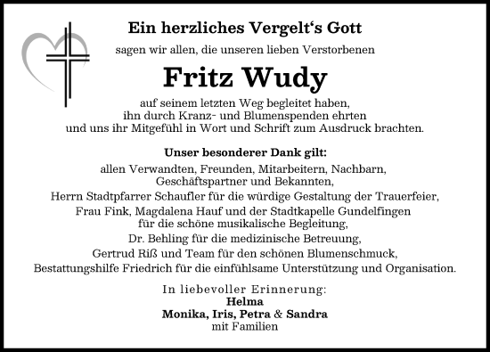 Traueranzeige von Fritz Wudy von Donau Zeitung