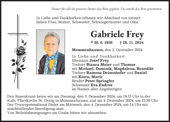 Traueranzeige von Gabriele Frey von Mittelschwäbische Nachrichten