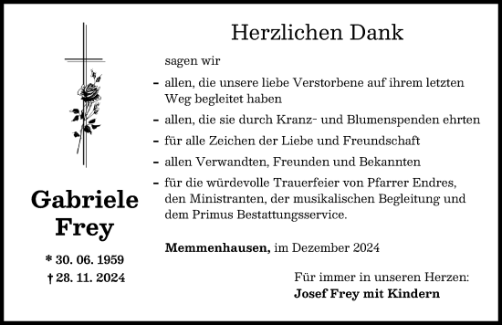 Traueranzeige von Gabriele Frey von Mittelschwäbische Nachrichten