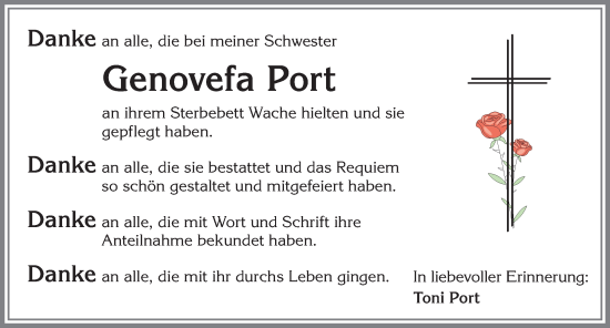 Traueranzeige von Genovefa Port von Mindelheimer Zeitung