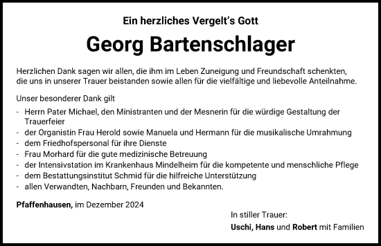 Traueranzeige von Georg Bartenschlager von Mindelheimer Zeitung