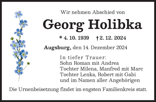 Traueranzeige von Georg Holibka von Augsburger Allgemeine