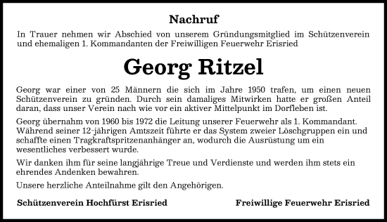 Traueranzeige von Georg Ritzel von Mindelheimer Zeitung