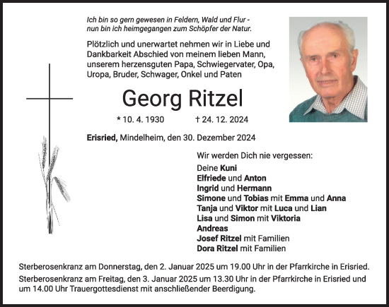 Traueranzeige von Georg Ritzel von Mindelheimer Zeitung