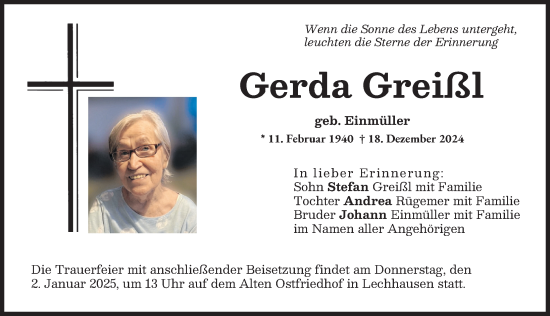 Traueranzeige von Gerda Greißl von Augsburger Allgemeine