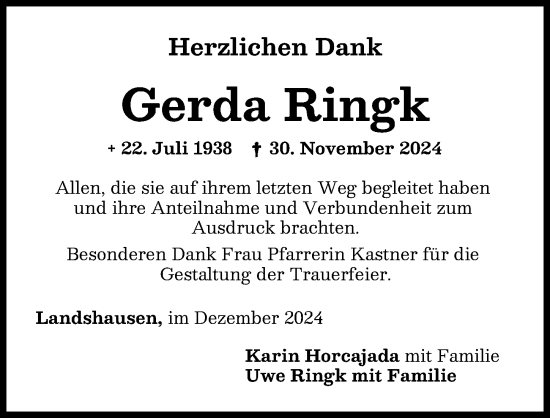 Traueranzeige von Gerda Ringk von Donau Zeitung
