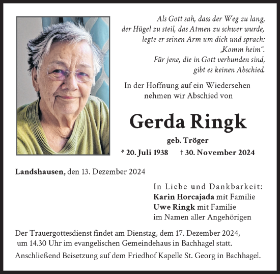 Traueranzeige von Gerda Ringk von Donau Zeitung
